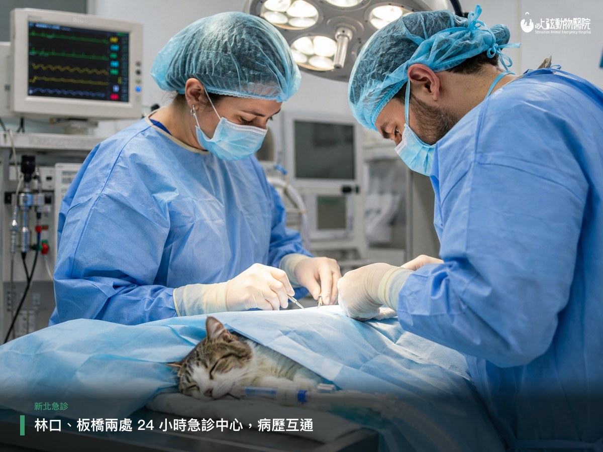 獸醫團隊在手術室為貓咪進行夜間緊急手術,監視器顯示生命徵象,呈現24小時獸醫院的急救量能