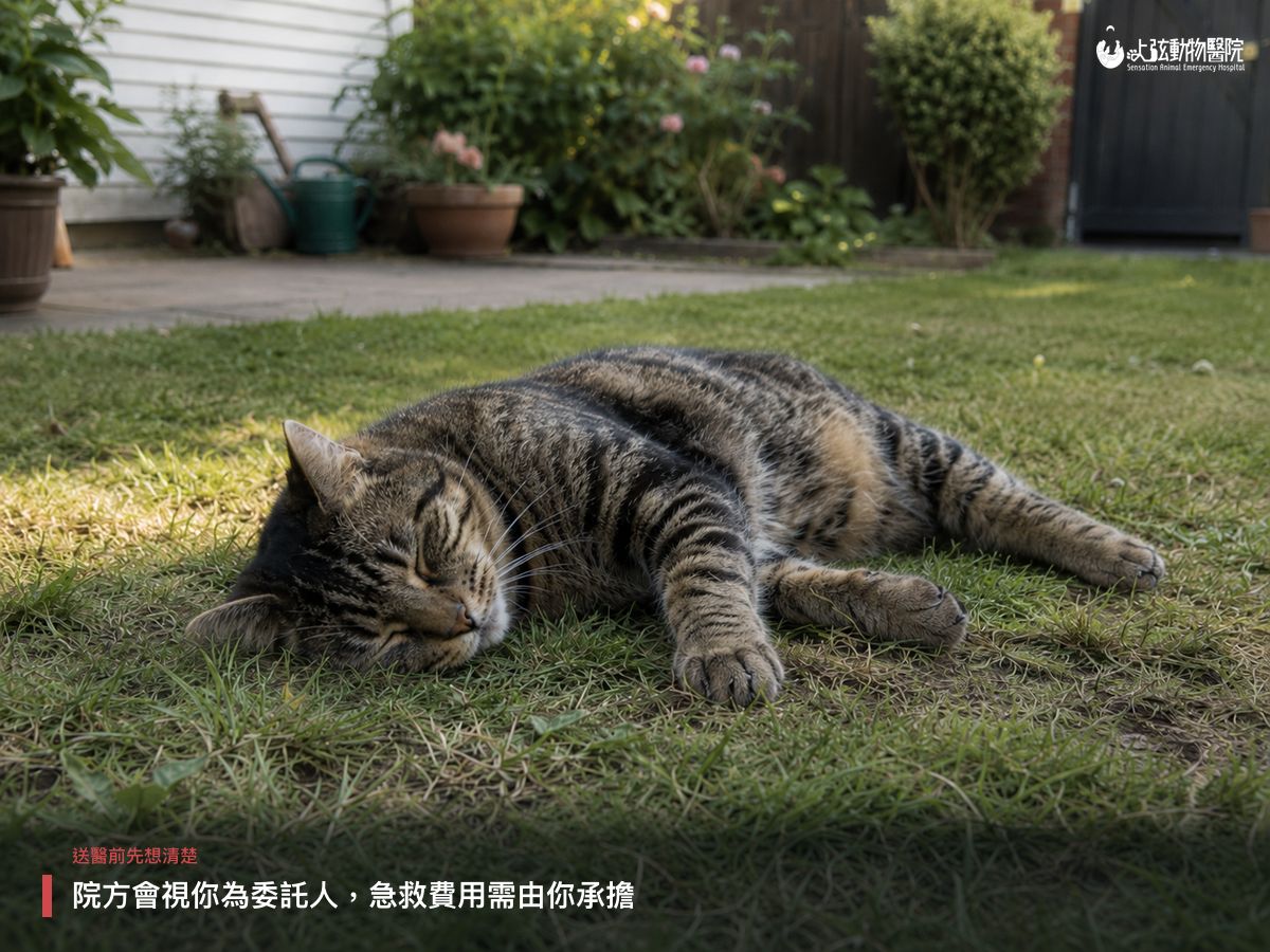 虎斑浪貓側躺在草地上休息,畫面呈現路邊流浪動物的處境