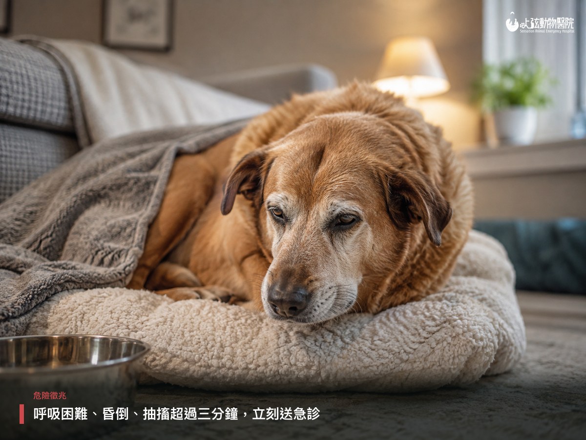 年長黃色米克斯犬蜷縮在寵物床上、蓋著毯子,眼神疲憊無精神,呈現需要留意的異常狀態